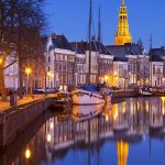 The city of Groningen, The Netherlands with A-kerk at night